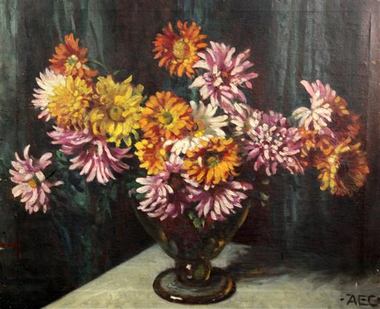 Alfred Egerton Cooper (1883-1974) Still life of chrysanthemums in a glass vase 63 x 76cm., unframed